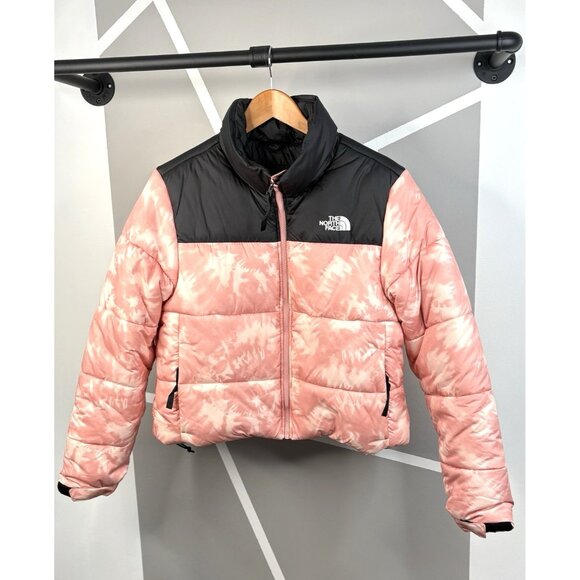 North Face Cropped Saikuru Rose Pink Tie Dye Puffer Jacket Women’s L 12-14 Zip - Picture 1 of 16